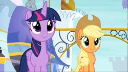 Size: 1668x938 | Tagged: safe, derpibooru import, screencap, applejack, twilight sparkle, twilight sparkle (alicorn), alicorn, earth pony, pony, a rockhoof and a hard place, cute, duo, female, jackabetes, mare, smiling, twiabetes