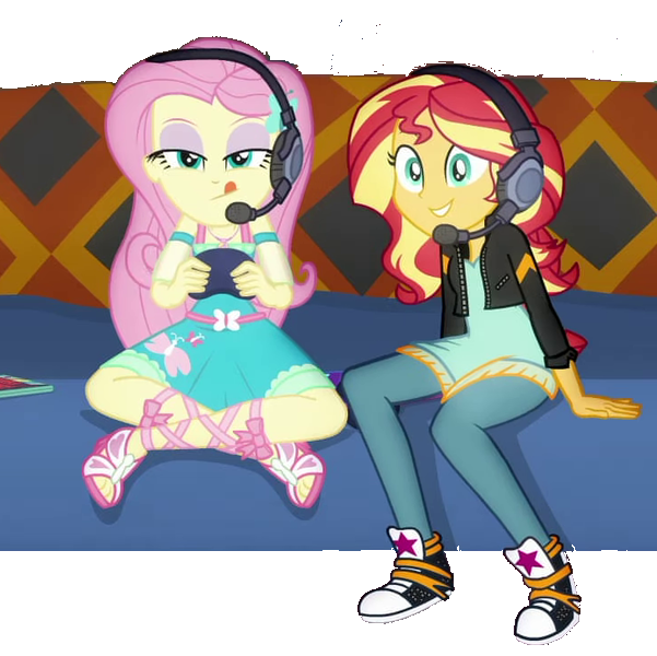 Size: 601x600 | Tagged: safe, artist:superbobiann, derpibooru import, edit, edited screencap, editor:superbobiann, screencap, fluttershy, sunset shimmer, equestria girls, equestria girls series, game stream, spoiler:eqg series (season 2), background removed, clothes, converse, gamer sunset, gamershy, headphones, headset, not a vector, shoes, sneakers, sunset gamer, tongue out