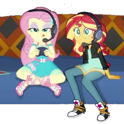 Size: 601x600 | Tagged: safe, artist:superbobiann, derpibooru import, edit, edited screencap, editor:superbobiann, screencap, fluttershy, sunset shimmer, equestria girls, equestria girls series, game stream, spoiler:eqg series (season 2), background removed, clothes, converse, gamer sunset, gamershy, headphones, headset, not a vector, shoes, sneakers, sunset gamer, tongue out