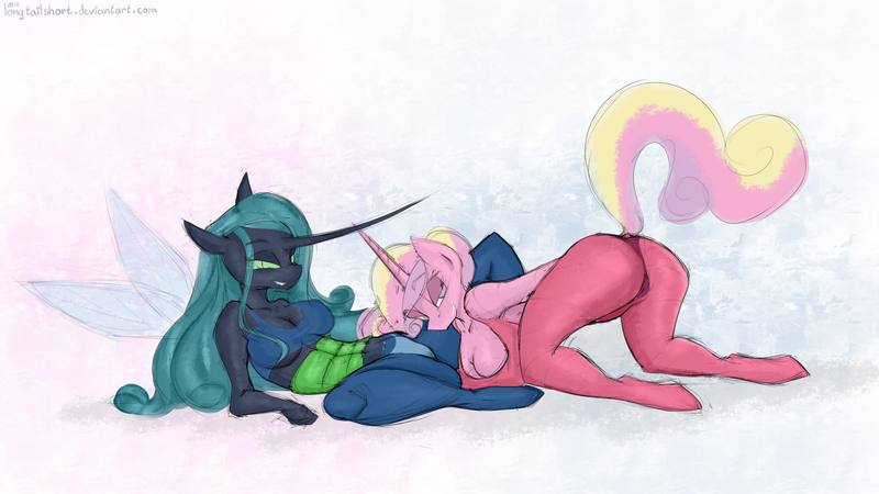 Size: 1920x1080 | Tagged: suggestive, artist:longtailshort, derpibooru import, princess cadance, queen chrysalis, alicorn, anthro, changeling, changeling queen, unguligrade anthro, ass, breasts, busty princess cadance, busty queen chrysalis, butt, cadalis, female, infidelity, lesbian, lovebutt, milf, reversalis, shipping, smiling