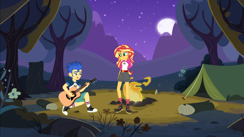 Size: 1920x1080 | Tagged: safe, artist:anhel032015, artist:scootaloo24, artist:swiftgaiathebrony, derpibooru import, flash sentry, sunset shimmer, equestria girls, campfire, female, flashimmer, forest, guitar, male, moon, musical instrument, night, shipping, straight, tent