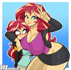 Size: 1500x1486 | Tagged: suggestive, artist:dankodeadzone, derpibooru import, sunset shimmer, human, equestria girls, big breasts, bimbo, bimboification, blushing, boob smothering, breast envy, breasts, busty sunset shimmer, cleavage, clothes, female, huge breasts, humanized, looking at you, self paradox, size difference, smiling, smothering