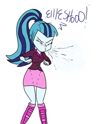 Size: 789x1012 | Tagged: safe, artist:anyponedrawn, derpibooru import, sonata dusk, equestria girls, blushing, boots, breasts, cleavage, clothes, cute, female, miniskirt, mucus, nostrils, ponytail, shoes, skirt, sneeze cloud, sneeze spray, sneezing, socks, spit, spray