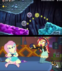 Size: 474x548 | Tagged: safe, derpibooru import, edit, screencap, fluttershy, sunset shimmer, equestria girls, equestria girls series, game stream, spoiler:eqg series (season 2), clothes, converse, crossover, crossover shipping, female, gamer sunset, gamershy, geode of fauna, headphones, headset, luigi, luigishy, magical geodes, male, mario, meme, new super mario bros., new super mario bros. u deluxe, nintendo, nintendo switch, psycho gamer sunset, rageset shimmer, shipping, shoes, shrunken pupils, sneakers, straight, sunset gamer, sunset shimmer frustrated at game, super mario bros., trolling