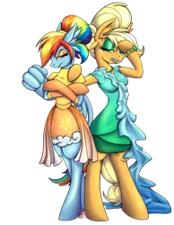 Size: 2157x2780 | Tagged: safe, artist:twoshoesmcgee, derpibooru import, applejack, rainbow dash, earth pony, pegasus, semi-anthro, applejack also dresses in style, bipedal, bracelet, breasts, clothes, dress, ear fluff, eyeshadow, female, freckles, gloves, grumpy, hair bun, jewelry, lipstick, looking at you, makeup, mare, necklace, open mouth, pearl necklace, rainbow dash always dresses in style, simple background, skirt, transparent background