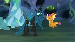 Size: 1667x937 | Tagged: changedling, changeling, changeling queen, derpibooru import, disguise, disguised changeling, duo, female, flying, laughing, ocellus, open mouth, queen chrysalis, raised hoof, safe, screencap, smolder, smolder is not amused, unamused, what lies beneath
