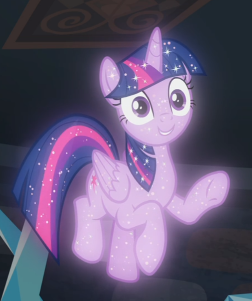 Size: 593x706 | Tagged: safe, derpibooru import, screencap, tree of harmony, alicorn, pony, what lies beneath, cropped, floating, implied twilight sparkle, smiling, solo, sparkles, treelight sparkle, underhoof