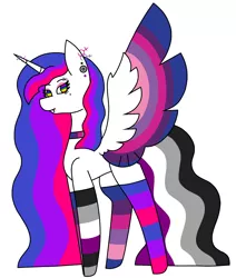 Size: 1744x2055 | Tagged: safe, artist:midnightamber, derpibooru import, oc, unofficial characters only, alicorn, pony, alicorn oc, bisexual pride flag, clothes, colored wings, ear piercing, earring, female, gay pride flag, horn, horn ring, jewelry, lesbian pride flag, lgbt, mare, multicolored hair, multicolored iris, multicolored mane, multicolored tail, multicolored wings, pansexual pride flag, piercing, pink eyeshadow, pride, pride flag, rainbow eyes, ring, simple background, socks, solo, striped socks, wavy hair, white background, wings
