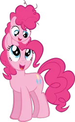 Size: 5830x9500 | Tagged: safe, artist:mrkat7214, derpibooru import, idw, pinkie pie, earth pony, pony, spoiler:comic, spoiler:comicidw2020, absurd resolution, cute, diapinkes, duo, female, filly, filly pinkie pie, idw showified, looking at each other, mare, open mouth, self ponidox, show accurate, simple background, sitting on head, time paradox, transparent background, vector, younger