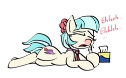 Size: 1131x706 | Tagged: safe, artist:graymist, derpibooru import, coco pommel, pony, crying, lying down, mucus, pre sneeze, red nosed, sneezing, snot, teasing, tissue