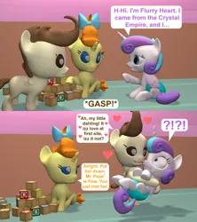 Size: 1920x2160 | Tagged: safe, artist:red4567, derpibooru import, pound cake, princess flurry heart, pumpkin cake, pony, 3d, alternate scenario, baby, baby ponies, baby pony, blocks, comic, exclamation point, female, foal romance, heart, holding a pony, interrobang, male, pepe le pew, poundflurry, pumpkin cake is not amused, question mark, shipping, source filmmaker, straight, unamused