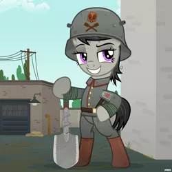 Size: 4600x4600 | Tagged: safe, artist:a4r91n, derpibooru import, octavia melody, earth pony, pony, absurd resolution, bandage, barbed wire, bipedal, clothes, cloud, female, german, grin, helmet, kriegtavia, looking away, mare, messy mane, military uniform, pose, shovel, sky, smiling, solo, stahlhelm, world war i