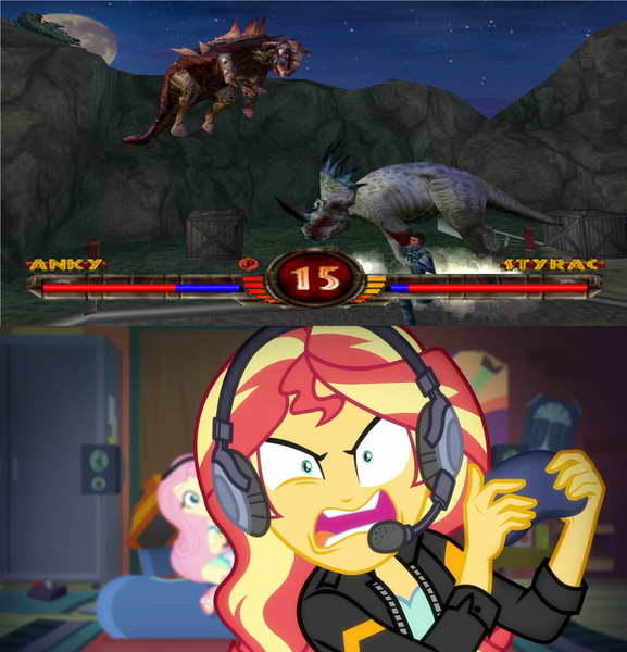 Size: 1920x1995 | Tagged: safe, derpibooru import, edit, screencap, fluttershy, sunset shimmer, ankylosaurus, dinosaur, equestria girls, equestria girls series, game stream, spoiler:eqg series (season 2), alberta, controller, cretaceous, dinosaurs, fight, frustrated, game, gamer sunset, headphones, image, jurassic park, meme, mesozoic, montana, png, psycho gamer sunset, styracosaurus, sunset gamer, sunset shimmer frustrated at game, sunset vs fluttershy, warpath jurassic park