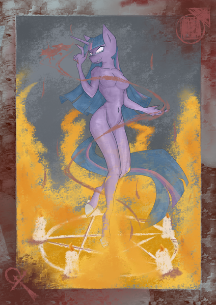 Size: 2480x3508 | Tagged: anthro, artist:longtailshort, breasts, candle, demon, demon pony, derpibooru import, fangs, female, fire, magic, magic circle, mare, original species, questionable, semi-grimdark, smiling, summoning, summoning circle, tremere, twilight sparkle, unguligrade anthro, vampire the masquerade