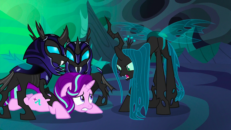 Size: 1440x809 | Tagged: armor, changeling, changeling guard, changeling hive, changeling queen, derpibooru import, disguise, disguised changeling, fake starlight glimmer, female, helmet, queen chrysalis, safe, screencap, starlight glimmer, thorax, to where and back again
