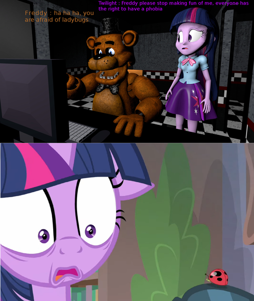 Size: 1920x2274 | Tagged: safe, artist:fazbearsparkle, derpibooru import, edit, edited screencap, screencap, twilight sparkle, twilight sparkle (alicorn), alicorn, insect, ladybug, equestria girls, starlight the hypnotist, spoiler:interseason shorts, 3d, animatronic, coccinellidaephobia, crossover, five nights at freddy's, floppy ears, freddy fazbear, phobia, source filmmaker