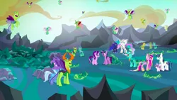 Size: 1440x810 | Tagged: safe, derpibooru import, screencap, princess cadance, princess celestia, princess flurry heart, princess luna, shining armor, starlight glimmer, thorax, trixie, twilight sparkle, twilight sparkle (alicorn), alicorn, changedling, changeling, pony, unicorn, to where and back again, changeling hive, changeling king, cocoon, ethereal mane, female, filly, foal, king thorax, male, mare, royal sisters, rubble, stallion