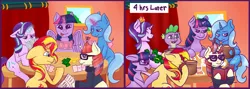 Size: 4000x1420 | Tagged: safe, artist:kiwiscribbles, derpibooru import, moondancer, sci-twi, spike, starlight glimmer, sunset shimmer, trixie, twilight sparkle, twilight sparkle (alicorn), ponified, alicorn, dragon, pony, unicorn, equestria girls, book, card, cheating, counterparts, crown, equestria girls ponified, female, floppy ears, gambling, glasses, glowing horn, horn, jewelry, levitation, magic, magical quintet, male, mare, money, playing card, poker, regalia, sitting, smiling, telekinesis, tongue out, twilight's counterparts, unicorn magic, unicorn sci-twi, wavy mouth