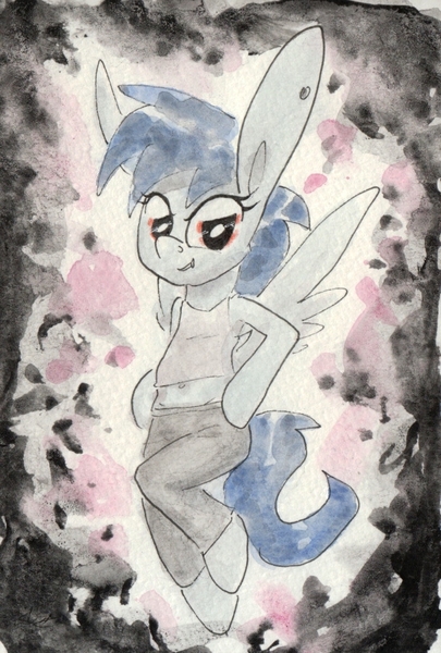 Size: 695x1030 | Tagged: safe, artist:slightlyshade, derpibooru import, pony, belly button, bipedal, clothes, cold wisp, long ears, midriff, pants, tanktop, traditional art