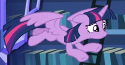 Size: 1512x791 | Tagged: safe, derpibooru import, screencap, twilight sparkle, twilight sparkle (alicorn), alicorn, pony, father knows beast, bookshelf, cropped, female, floppy ears, flying, ladder, mare, solo, spread wings, sympathy, wings