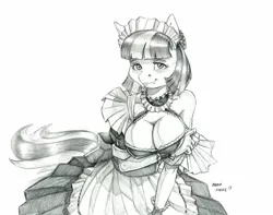 Size: 1300x1025 | Tagged: suggestive, artist:baron engel, derpibooru import, coco pommel, anthro, earth pony, big breasts, black and white, blushing, breasts, busty coco pommel, cleavage, clothes, erect nipples, female, french maid, grayscale, looking at you, maid, mare, monochrome, nipple outline, pencil drawing, simple background, smiling, solo, solo female, traditional art, white background