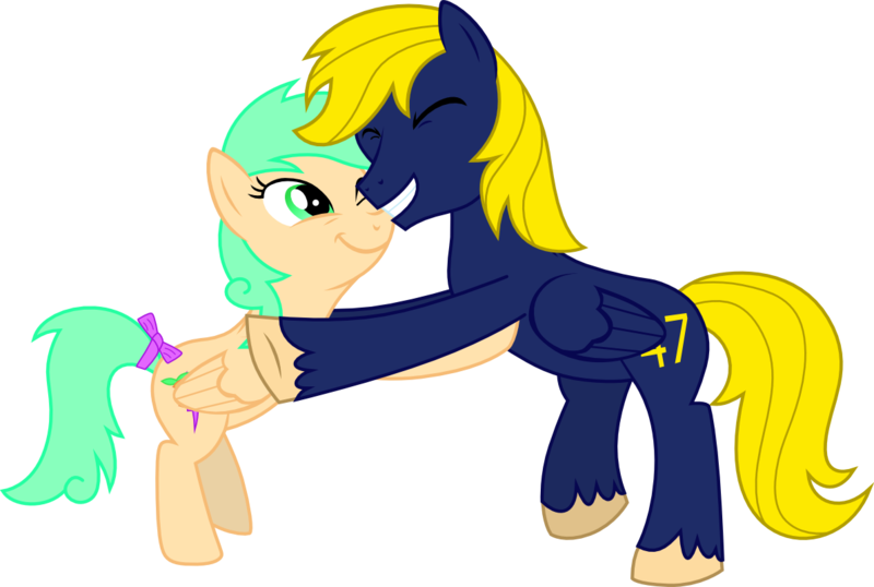 Size: 1193x802 | Tagged: safe, artist:chipmagnum, derpibooru import, oc, oc:navy numbers, oc:peachy streak, pegasus, pony, female, hug, male, mare, simple background, stallion, transparent background