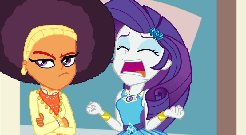 Size: 1278x703 | Tagged: safe, artist:ktd1993, derpibooru import, edit, edited screencap, screencap, rarity, saffron masala, display of affection, equestria girls, equestria girls series, afro, alternate hairstyle, equestria girls-ified, female, geode of shielding, lesbian, magical geodes, raffron, shipping