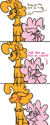 Size: 840x2069 | Tagged: safe, artist:summer-cascades, derpibooru import, cheese sandwich, pinkie pie, pony, blushing, cheesepie, comic strip, female, funny, humor, limited palette, male, shipping, simple background, straight, white background