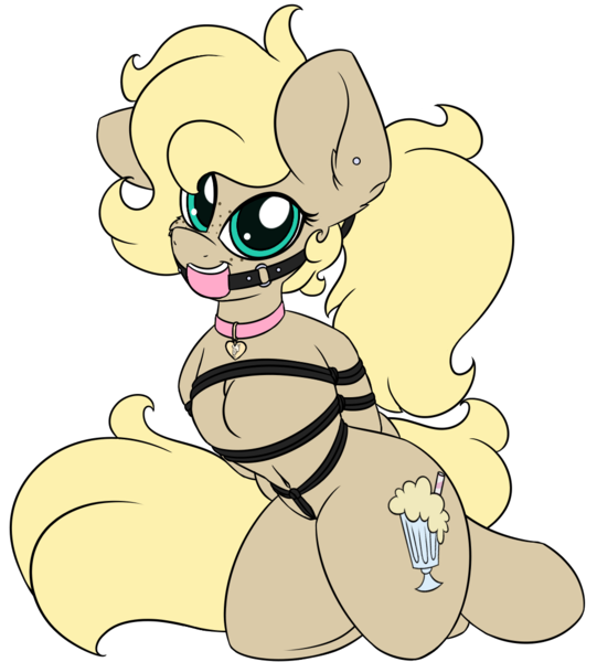 Size: 1048x1163 | Tagged: source needed, questionable, artist:k-kopp, derpibooru import, oc, oc:andrea, pony, arm behind back, ballgag, bondage, box tied, collar, crotch rope, gag, kneeling, looking at you, rope, solo