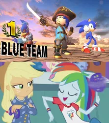 Size: 1280x1440 | Tagged: safe, artist:alphamonouryuuken, derpibooru import, applejack, rainbow dash, human, equestria girls, rainbow rocks, barely pony related, boots, clothes, crossover, falco lombardi, hat, isabelle, mii, mii fighters, mii swordfighter, pirate, pirate costume, pirate dash, pirate hat, pirate outfit, pose, shoes, smiling, sonic the hedgehog, sonic the hedgehog (series), star fox, super smash bros., super smash bros. ultimate, sword, team, text, weapon