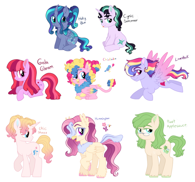 Size: 1675x1560 | Tagged: safe, artist:unoriginai, derpibooru import, oc, oc:chic sheer, oc:chickadee, oc:cynic sorcerer, oc:holly blue, oc:hummingbee, oc:lovestruck, oc:tart applesauce, unofficial characters only, changepony, hippogriff, hybrid, pegasus, pony, unicorn, alternate universe, colored hooves, colt, crack ship offspring, crack shipping, cute, cutie mark, female, filly, flying, male, mare, next generation, ocbetes, offspring, parent:apple bloom, parent:applejack, parent:chancellor neighsay, parent:cloudy quartz, parent:fluttershy, parent:gallus, parent:pinkie pie, parent:princess cadance, parent:princess flurry heart, parent:queen chrysalis, parent:queen novo, parent:rainbow dash, parent:rarity, parent:starlight glimmer, parent:twilight sparkle, parent:zephyr breeze, parents:chrysaheart, parents:cloudyjack, parents:galluspie, parents:novoshy, parents:raindance, parents:starsay, parents:twibloom, parents:zephyrity, shipping, stallion