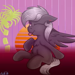 Size: 800x800 | Tagged: safe, artist:luriel maelstrom, derpibooru import, oc, oc:luriel maelstrom, unofficial characters only, pony, chest fluff, cute, male, miami, signature, sitting, solo, spread wings, tongue out, trap, wings