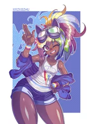 Size: 2250x3000 | Tagged: armpits, artist:kaikoinu, bishoujo, breasts, clothes, dark skin, delicious flat chest, derpibooru import, female, human, humanized, kotobukiya, kotobukiya rainbow dash, one eye closed, open mouth, rainbow dash, rainbow flat, safe, shirt, solo, thighs, wink, wristband