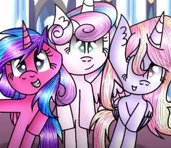 Size: 370x320 | Tagged: safe, artist:flurryheart12, derpibooru import, princess flurry heart, oc, oc:melody aurora, oc:mistral violet, alicorn, pony, adult, alicorn oc, cousins, female, horn, offspring, older, older flurry heart, parent:flash sentry, parent:princess cadance, parent:shining armor, parent:twilight sparkle, parents:flashlight, parents:shiningcadance, selfie, siblings, sisters, trio, wings