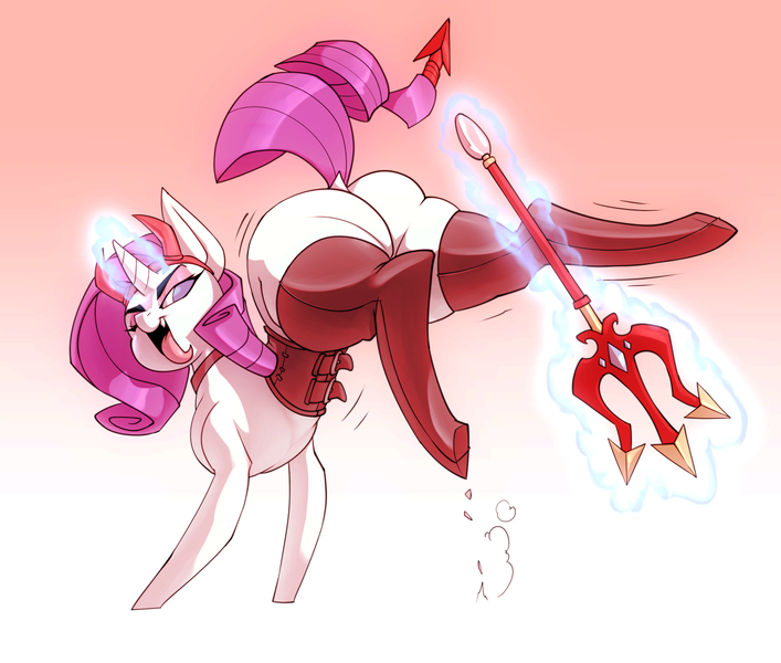 Size: 1205x1023 | Tagged: safe, artist:bigdad, derpibooru import, rarity, pony, unicorn, butt, clothes, corset, devil costume, dock, eyeshadow, fake horn, female, glowing horn, horn, magic, makeup, mare, on front legs, plot, rearity, socks, solo, telekinesis, thigh highs, tongue out, trident