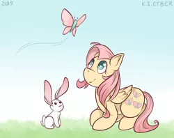 Size: 1100x873 | Tagged: safe, artist:cyberstarfox, derpibooru import, angel bunny, fluttershy, butterfly, pegasus, pony, rabbit, animal, duo, female, folded wings, grass, heart eyes, looking at something, looking up, mare, prone, sky, smiling, wingding eyes, wings