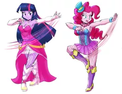 Size: 3536x2728 | Tagged: safe, artist:danmakuman, derpibooru import, edit, pinkie pie, twilight sparkle, equestria girls, armpits, boots, bracelet, breasts, choker, cleavage, clothes, corset, crossed legs, dancing, dress, evening gloves, female, fishnets, gloves, hat, high heel boots, jewelry, long gloves, looking at you, miniskirt, open mouth, pantyhose, raised eyebrow, raised leg, shoes, sideways glance, simple background, skirt, smiling, smirk, socks, thigh highs, white background