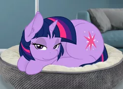 Size: 1893x1369 | Tagged: safe, artist:alcor, artist:slb94, derpibooru import, twilight sparkle, pony, unicorn, adorasexy, bed, bedroom eyes, behaving like a cat, cheek fluff, couch, cushion, cute, ear fluff, eyelashes, female, horn, irl, lidded eyes, looking at you, mare, photo, pillow, ponies in real life, prone, sexy, smiling, solo, traditional art, twiabetes, twilight cat, unicorn twilight