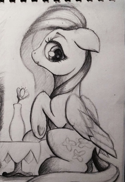 Size: 1756x2565 | Tagged: safe, artist:ponsce, derpibooru import, fluttershy, pegasus, pony, female, floppy ears, folded wings, grayscale, jar, looking at you, mare, monochrome, pencil drawing, profile, raised hoof, sitting, solo, table, traditional art, underhoof, wings