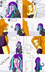 Size: 2000x3200 | Tagged: safe, artist:jake heritagu, derpibooru import, adagio dazzle, aria blaze, comic:aria's archives, equestria girls, alcoholism, clothes, comic, dialogue, female, handprint, hangover, hoodie, slapped, speech bubble