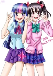 Size: 545x770 | Tagged: safe, artist:tastyrainbow, derpibooru import, twilight sparkle, equestria girls, anime, blushing, clothes, cute, devil horn (gesture), human coloration, love live! school idol project, miniskirt, moe, nico nico nii, nico yazawa, pigtails, pleated skirt, skirt