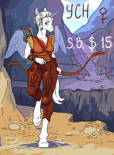 Size: 700x950 | Tagged: safe, artist:adeptus-monitus, derpibooru import, oc, anthro, advertisement, archer, arrow, barbarian, bow, commission, mountain, weapon, ych example, your character here