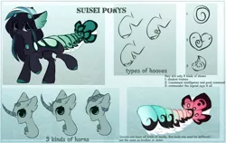 Size: 1920x1214 | Tagged: safe, artist:little-sketches, derpibooru import, oc, oc:naomi, original species, suisei pony, augmented tail, closed species, cloven hooves, curved horn, eye clipping through hair, horn, horns, male, reference sheet