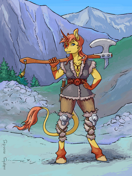 Size: 700x932 | Tagged: safe, artist:adeptus-monitus, derpibooru import, anthro, classical unicorn, unguligrade anthro, unicorn, axe, barbarian, clothes, cloven hooves, commission, female, leonine tail, mare, mountain, unshorn fetlocks, weapon, ych result, your character here