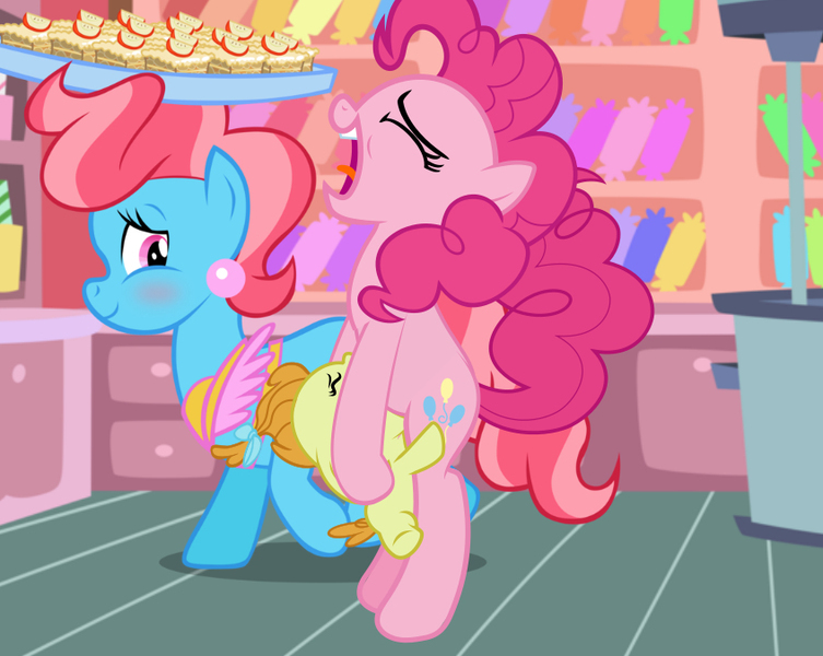 Size: 847x675 | Tagged: questionable, artist:cheesepuffs, derpibooru import, cup cake, pinkie pie, pumpkin cake, earth pony, pony, apron, babycon, blushing, breastfeeding, clothes, ear piercing, earring, eyes closed, female, foal, foalcon, jewelry, lesbian, mare, open mouth, piercing, pumpkin pie (ship), shipping, show accurate, show accurate porn, smiling, suckling, tongue out