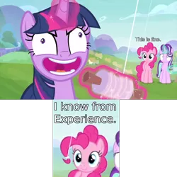 Size: 1920x1920 | Tagged: safe, derpibooru import, edit, edited screencap, screencap, pinkie pie, starlight glimmer, twilight sparkle, twilight sparkle (alicorn), alicorn, earth pony, pony, unicorn, starlight the hypnotist, spoiler:interseason shorts, arial, caption, cropped, evil laugh, faic, female, happy, image macro, implied pinkamena, insanity, kite, kite flying, laughing, magic, mare, meme, telekinesis, text, this is fine, twilight hates ladybugs, twilight snapple, worried