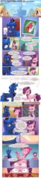 Size: 1179x5082 | Tagged: safe, artist:saturdaymorningproj, derpibooru import, big macintosh, pinkie pie, princess luna, sugar belle, alicorn, earth pony, pony, unicorn, comic:let's fighting love, cake, comic, everything is fixed, female, food, implied lunamac, implied spike, implied sugarmac, male, mare, pie, ponyville, speech bubble, this will not end well, twilight's castle, warrior luna