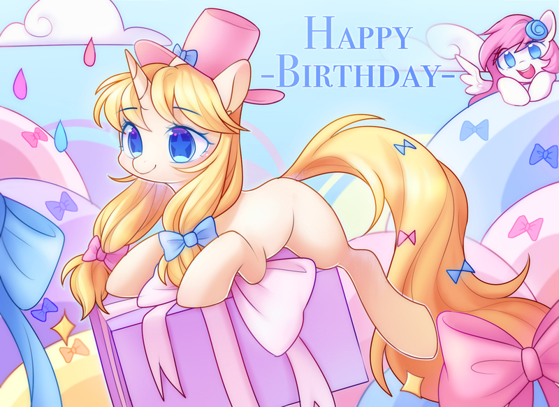 Size: 2200x1600 | Tagged: safe, artist:leafywind, derpibooru import, oc, unofficial characters only, pegasus, pony, unicorn, bow, cloud, colored pupils, duo, duo female, female, gift art, hair bow, happy birthday, hat, mare, open mouth, ribbon, sky, smiling, spread wings, starry eyes, top hat, wingding eyes, wings