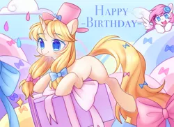 Size: 2200x1600 | Tagged: safe, artist:leafywind, derpibooru import, oc, unofficial characters only, pegasus, pony, unicorn, bow, cloud, colored pupils, duo, duo female, female, gift art, hair bow, happy birthday, hat, mare, open mouth, ribbon, sky, smiling, spread wings, starry eyes, top hat, wingding eyes, wings