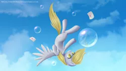 Size: 1920x1080 | Tagged: safe, artist:musicfirewind, derpibooru import, derpy hooves, pegasus, pony, bubble, colored pupils, falling, female, letter, mare, sky, solo